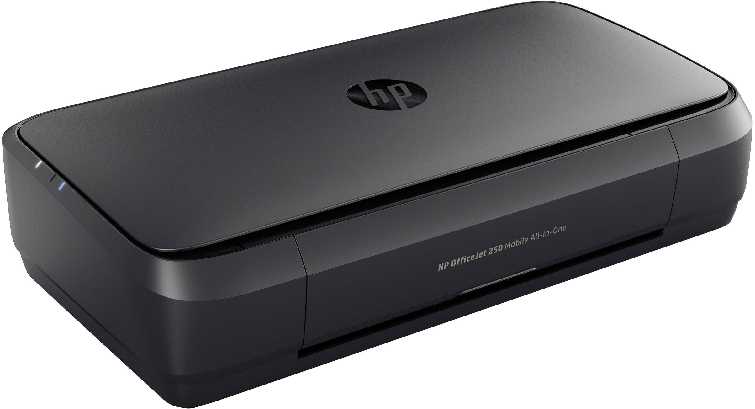 En svart HP-skrivare med kompakt design, lämplig för kontorsmiljöer.