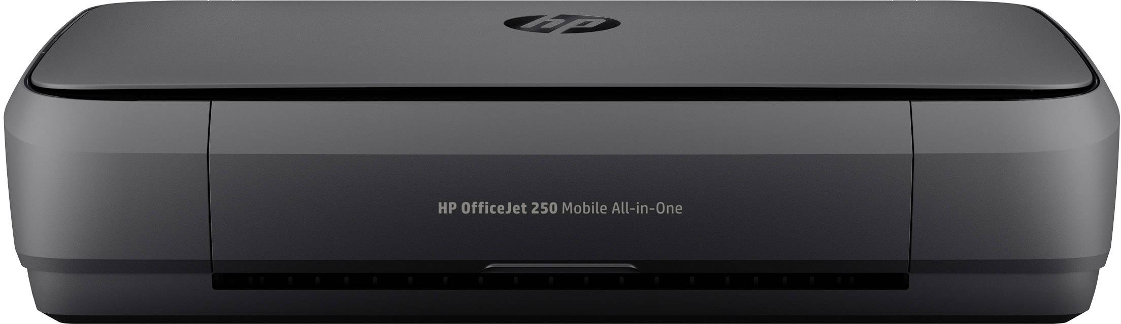 Bärbar mobil HP OfficeJet 250-skrivare i svart design, lämplig för utskrift, skanning och kopiering.