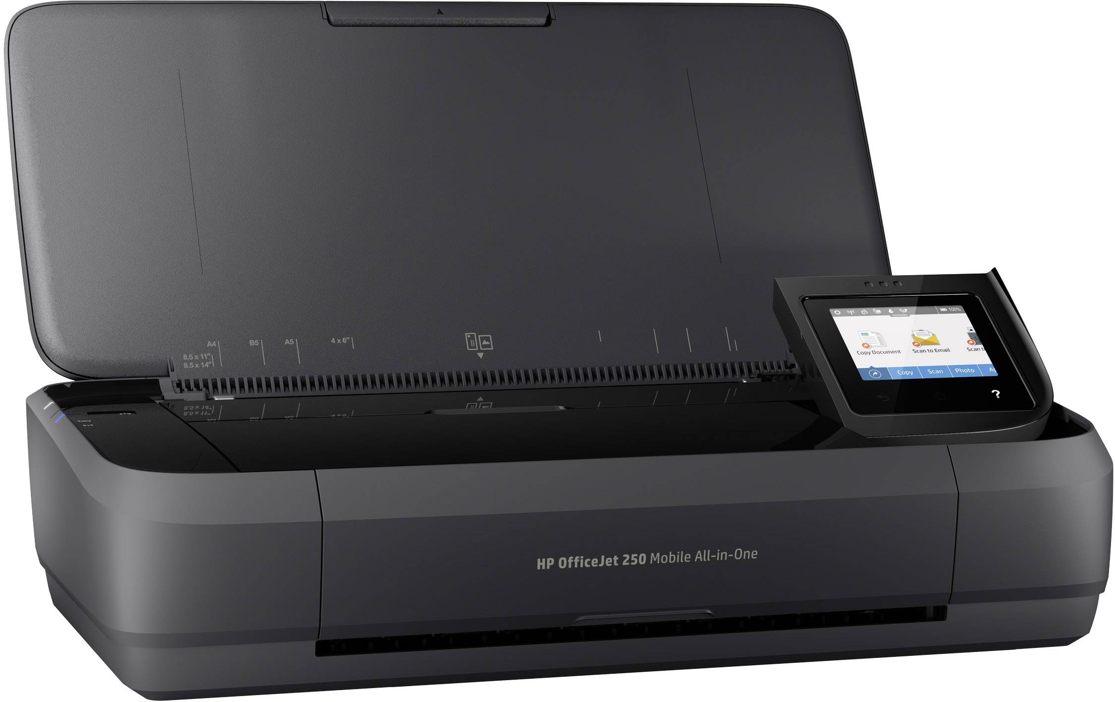 Bärbar skrivare med uppfällbar skanner och display, modellnummer 'HP OfficeJet 250 Mobile All-in-One'.