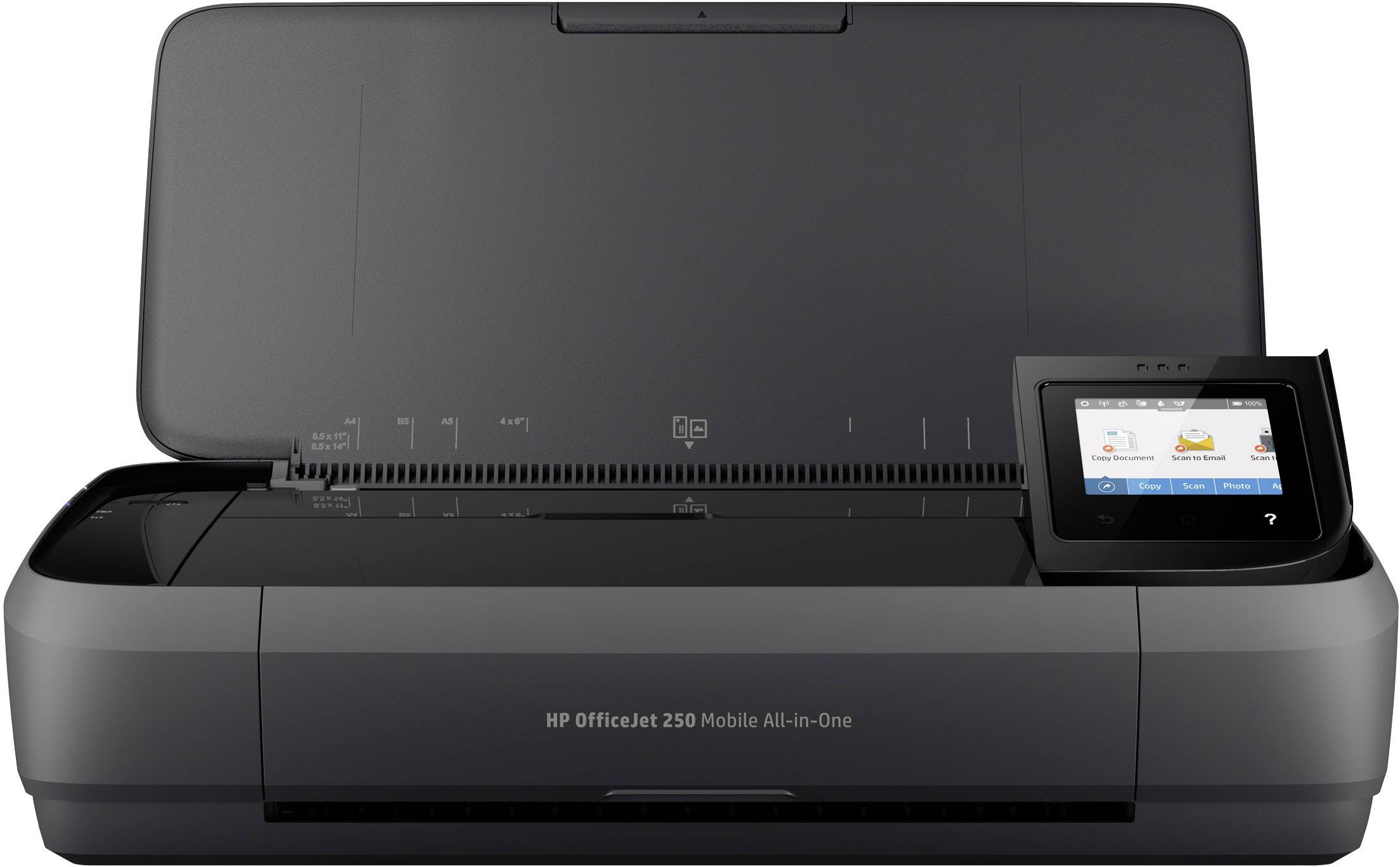 HP OfficeJet 250 Mobile All-in-One skrivare med öppen pappersinmatning och fällbar skärm. Kompakt och bärbar för mobil utskrift.