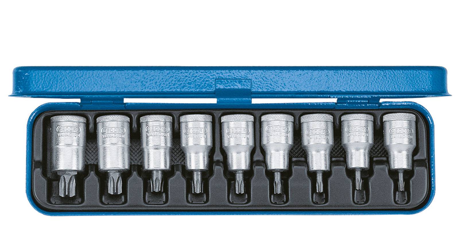 En uppsättning av tio silvermetallfärgade Torx-bitshylsor i ett blått öppet fodral, ordnade på en rad.