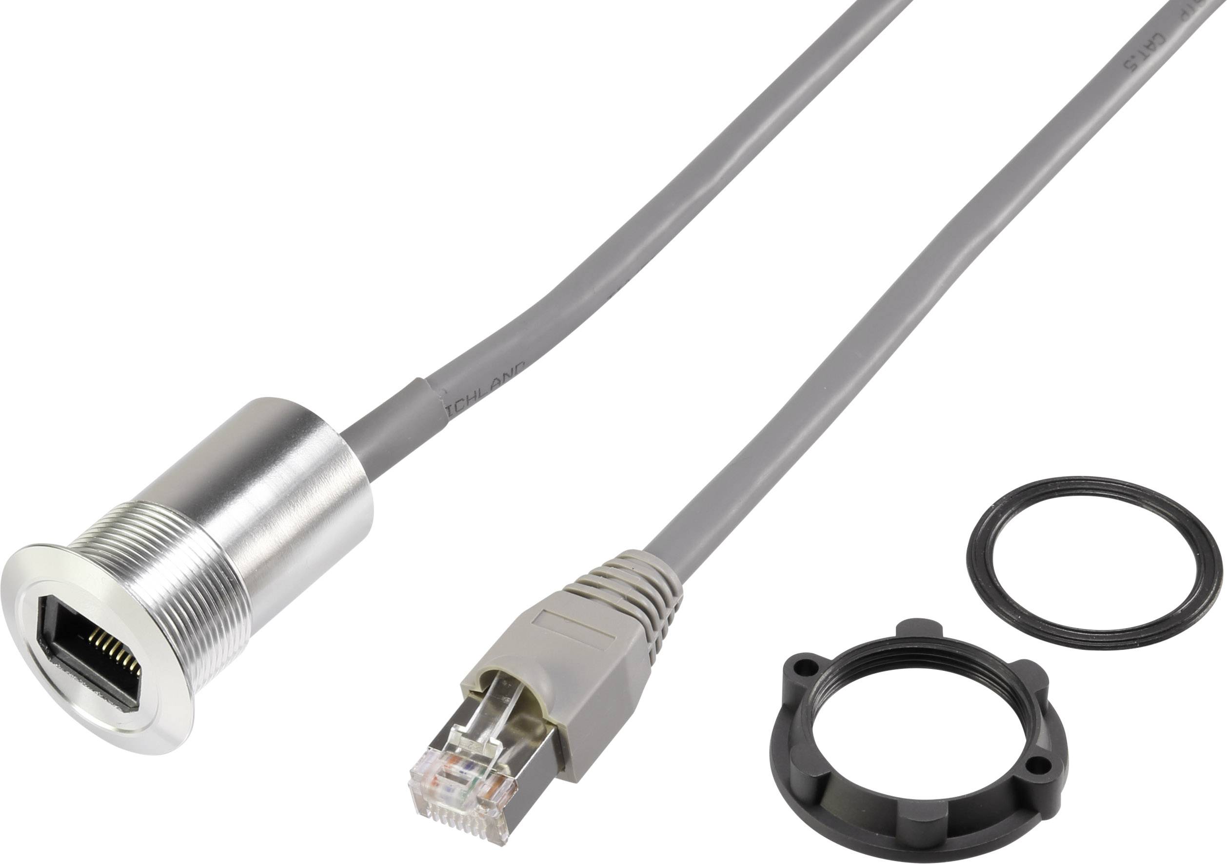 Kabel med RJ45-kontakt, metallhylsa, tätning och fästningsring. Lämplig för nätverksanslutningar i krävande miljöer.