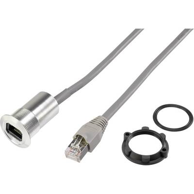 Kabel med RJ45-kontakt, metallhylsa, tätning och fästningsring. Lämplig för nätverksanslutningar i krävande miljöer.