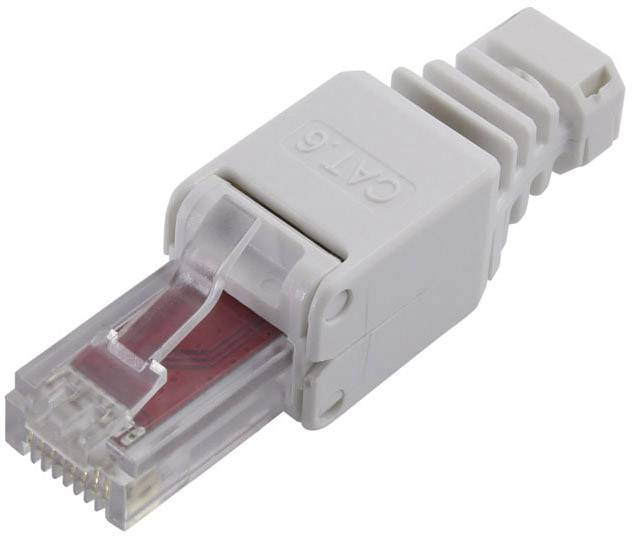 En vit CAT 6 Ethernet-kontakt med skyddshölje och röd innerledning.
