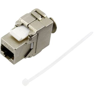 RJ45-modulkontakt av metall, lätt öppen, med vit låsclips, bredvid en vit kabelbindare.