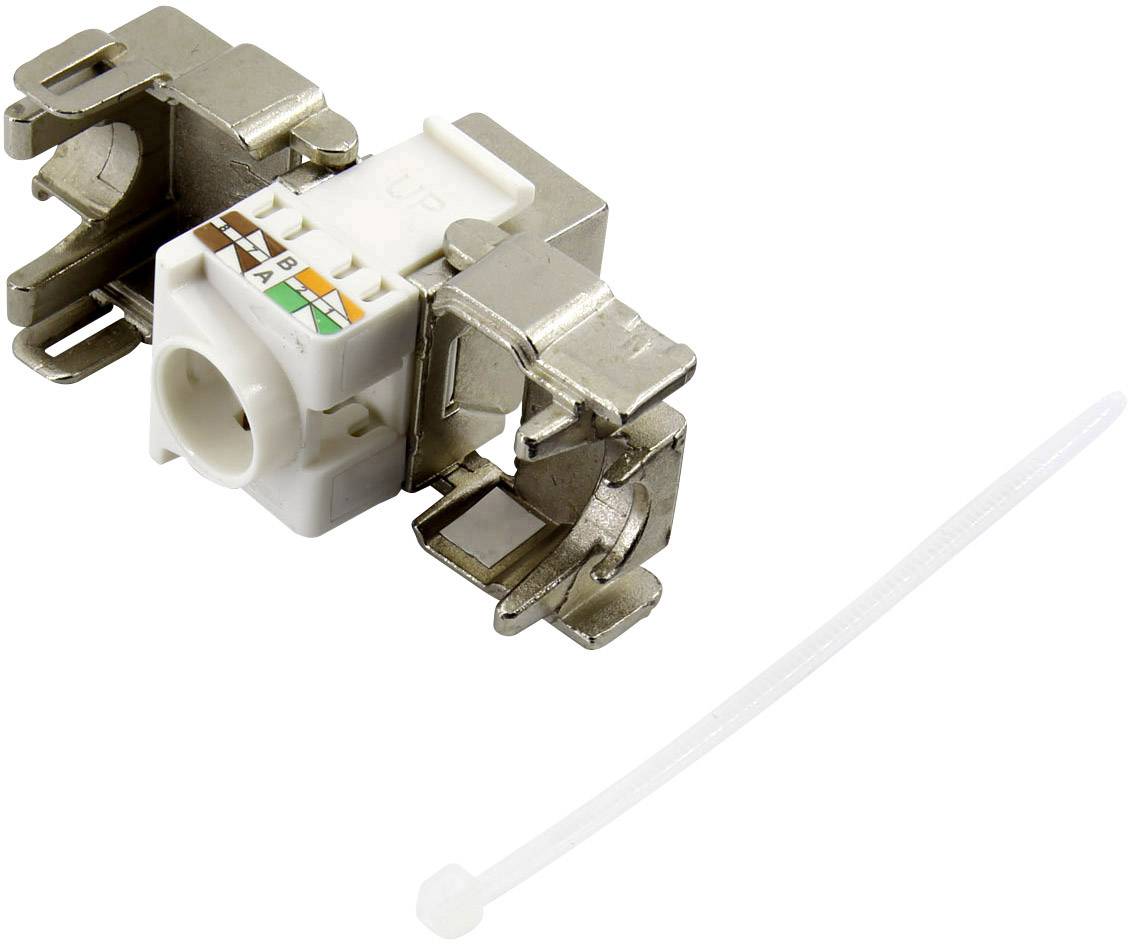 En Cat.7A nätverkskontakt med metallisk skärmning och plastclips för fastsättning, lämplig för Ethernet-anslutningar.