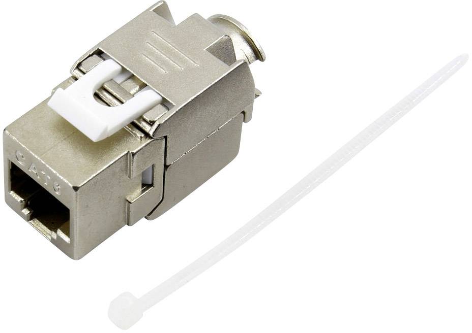 Metallisk RJ45-kontakt bredvid en vit kabelklämma.