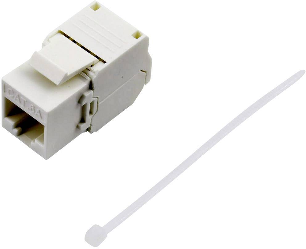 En vit nätverksanslutningsenhet med RJ45-kontakt och en kabelbindare, använd vid dataöverföring och nätverksinstallation.