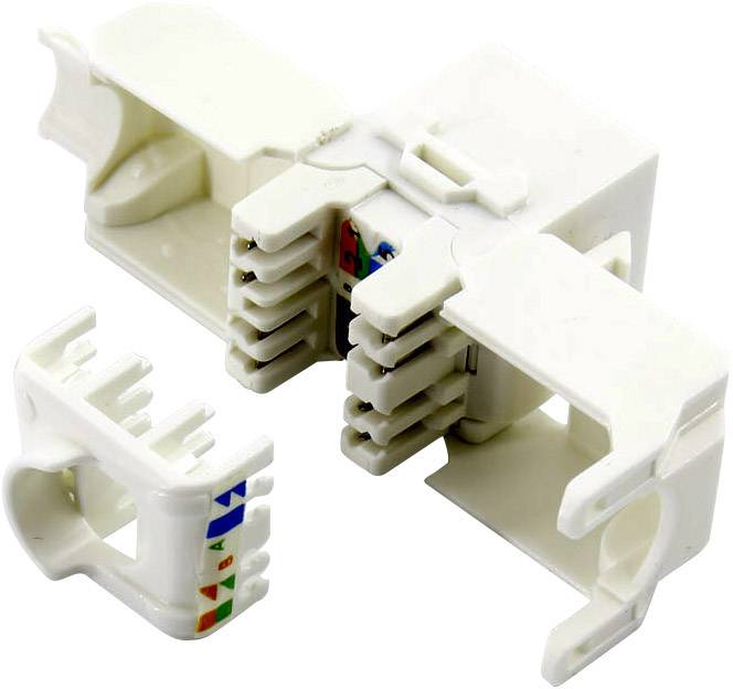 En isärtagen, vit RJ-45 keystone jack med färgmärkta pins för nätverkskablage.