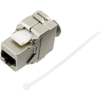 Metallisk nätverkscontact för kabelanslutningar, bredvid en kabelbindare. Väsentlig för effektiv dataöverföring i nätverk.