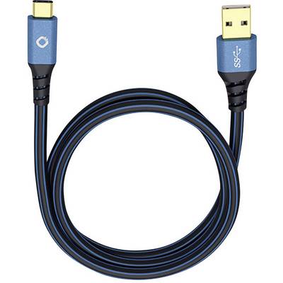Ett blått USB-kabel med USB-C-kontakt på ena sidan och USB-A-kontakt på den andra sidan.