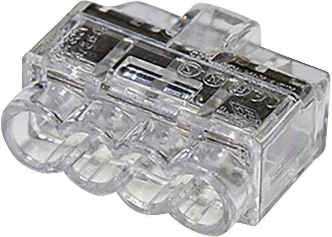 En transparent elektrisk kontakt med fyra anslutningspunkter, lämplig för snabb och säker kabeldragning.