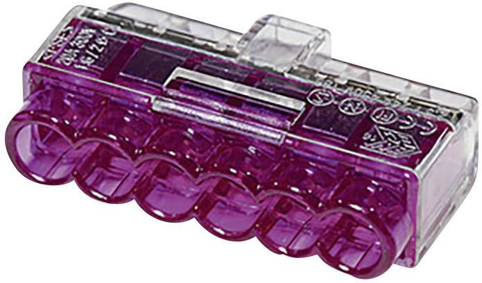 Genomskinlig, lila elektrisk kabelkontakt med flera anslutningsalternativ, avsedd för säker kabeldragning.