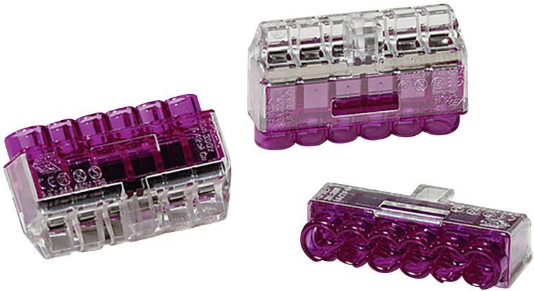 Tre transparenta och violetta elektriska kontaktdon som används för att ansluta kablar.