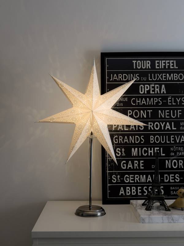 <br>  Konstsmide<br>  2996-230<br>  Julstjärna<br>  <br>  <br>  Glödlampa, LED<br>  Vit, Silver<br>  <br>  med utstansade motiv, med brytare<br>