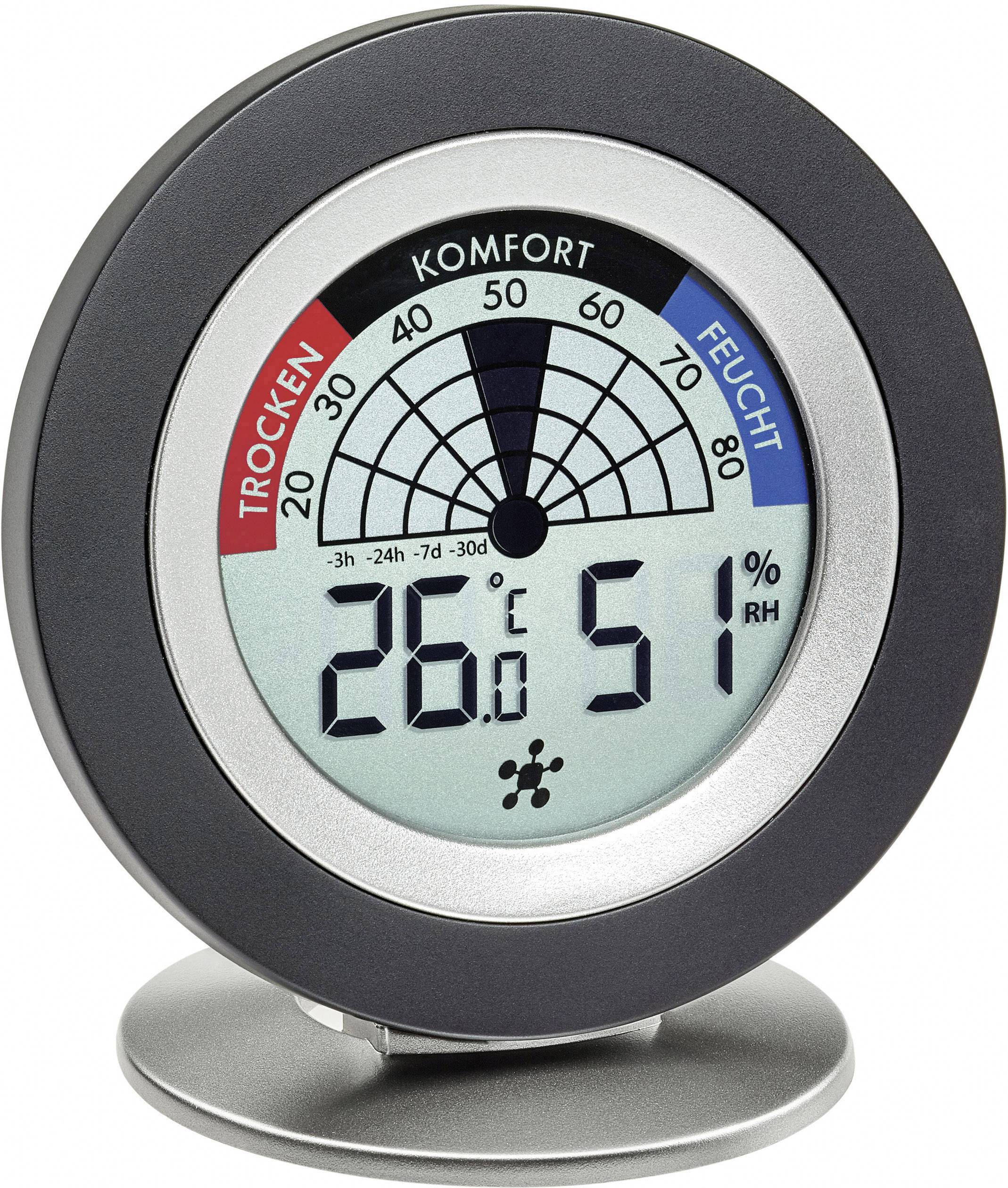 Rundes hygrometer visar en temperatur på 26 grader Celsius och en luftfuktighet på 51 %. Områdesmarkeringar: 'Torrt', 'Komfort', 'Fuktigt'.