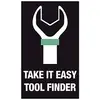 'Take It Easy Tool Finder' vit skiftnyckel-symbol på svart bakgrund, grönt band runt handtaget.