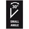 Skylt med vitt vinkelsymbol och texten '30° SMALL ANGLE' på svart bakgrund. Hänvisning till en liten vinkel på 30 grader.