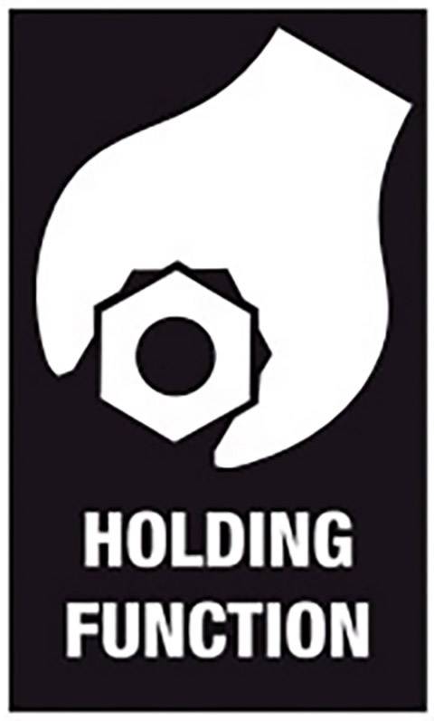 Illustration av en stiliserad skiftnyckel med en sexkantskruv och texten 'Holding Function', vilket indikerar en hållfunktion.