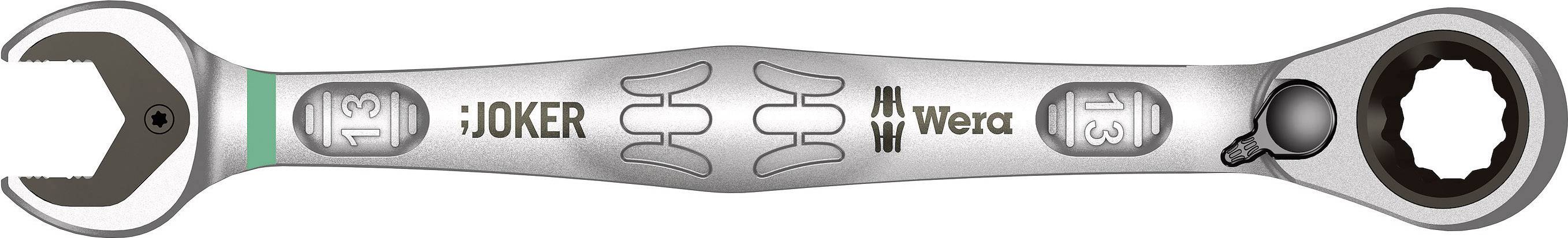 En dubbelsidig skiftnyckel med öppet käft och spärrring, silverfärgad, med 'Joker' och 'Wera' logotyper i mitten.
