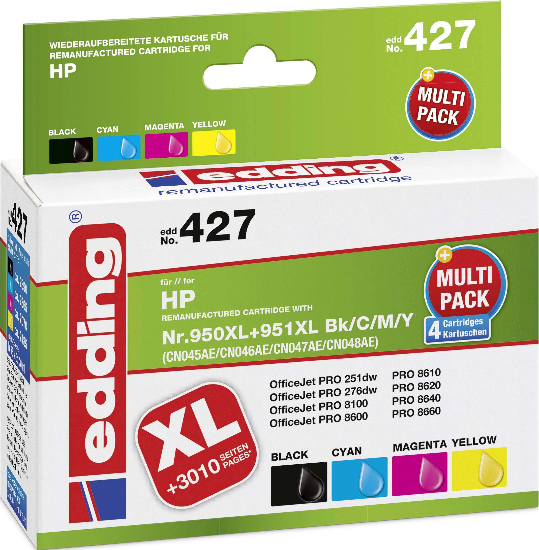 'Bläckpatronsmultipack från edding för HP-skrivare, modellnummer 427, innehåller fyra patroner i färgerna svart, cyan, magenta och gul.'