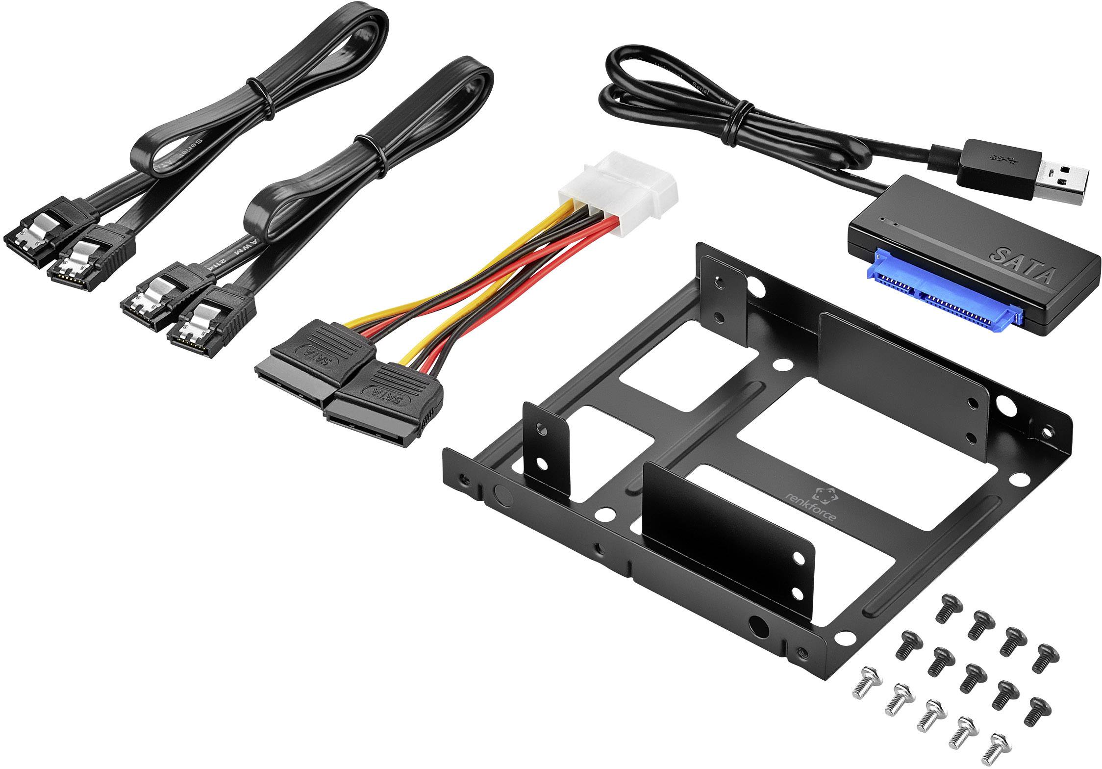 Tillbehörspaket för dator med SATA-kablar, USB-kabel, adapter, drivfack och skruvar för hårddiskinstallation.