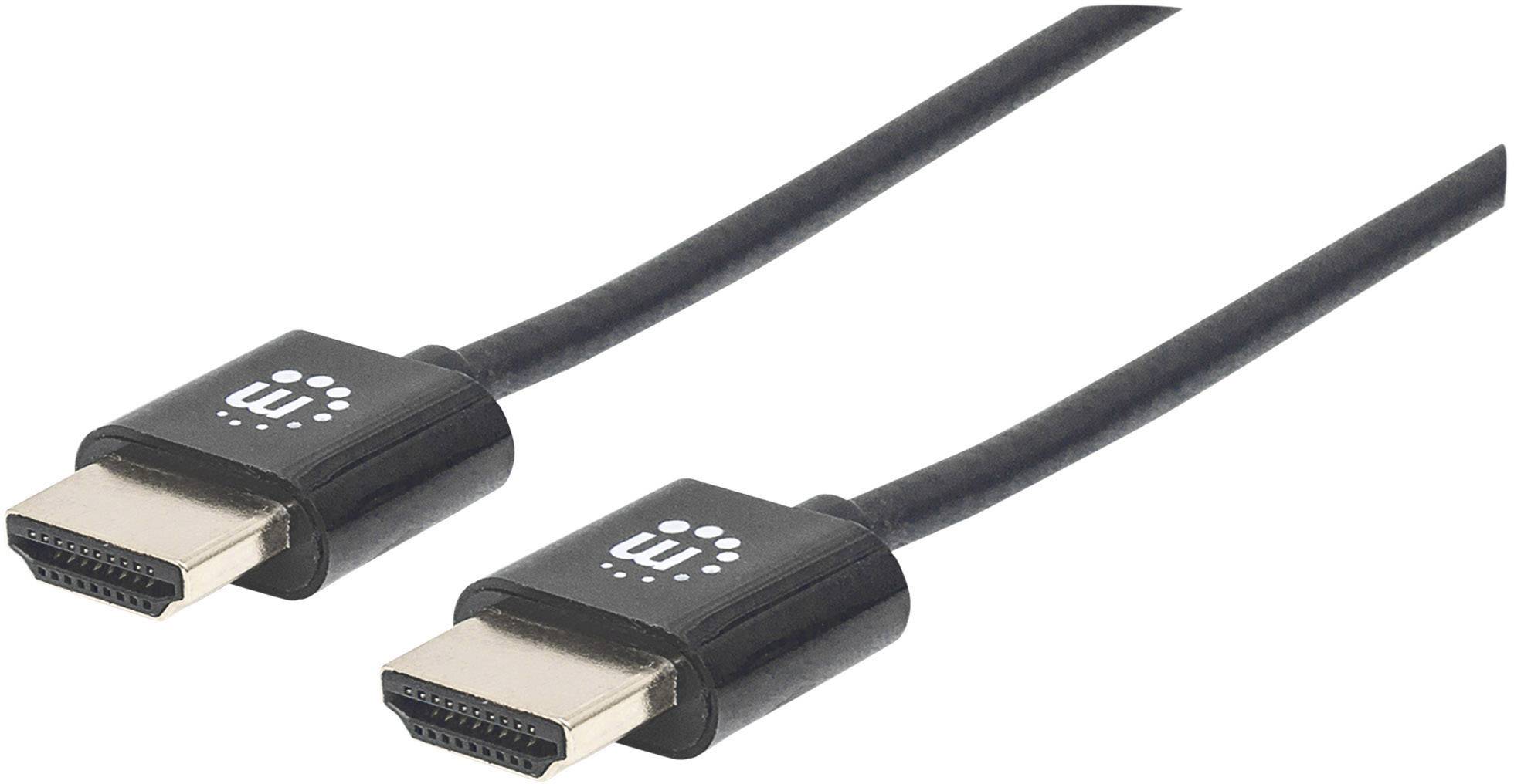 Svart HDMI-kabel med två anslutningar. Stöder överföring av högupplöst video och ljud.