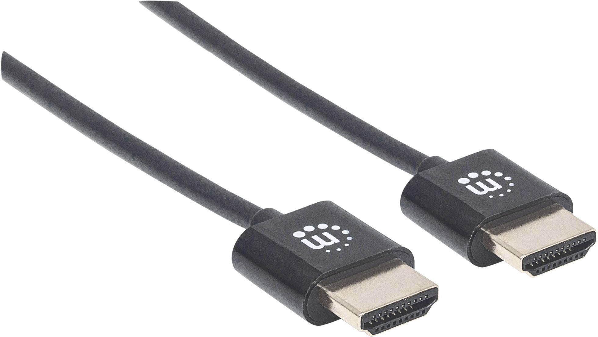 Två HDMI-kabelkontakter med svarta höljen och en företagslogotyp i vitt, liggande sida vid sida.