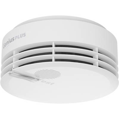 En rökdetektor av märket 'geniusPLUS', vit, med ventilationsöppningar på sidorna, fäst i ett takplan.
