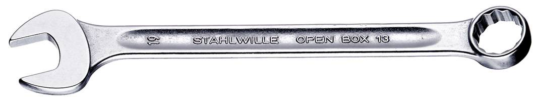 En metallskiftnyckel märkt 'STAHLWILLE OPEN BOX 19', med ett öppet ände och ett ringnyckelände, storlek 19 mm.