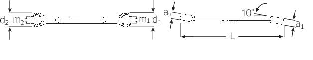 Teknisk ritning av ett cylindriskt objekt med dimensionsangivelser, vinkel '10°' och längdbeteckning 'L', visar tvärsektioner och detaljer.