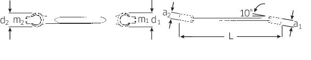 Teknisk ritning av en mekanisk komponent med dimensioner. Visar övre vy och tvärsnitt. Viktiga mått: L, 10°, r1, r2.