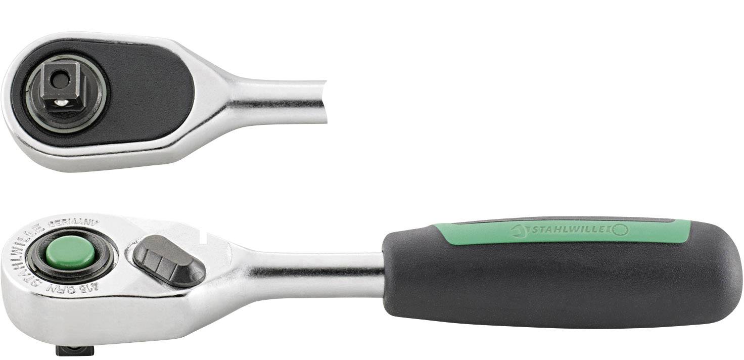 Skralle med ergonomiskt handtag och snabblåsningsmekanik, lämplig för hylsinsatser, mot vit bakgrund.
