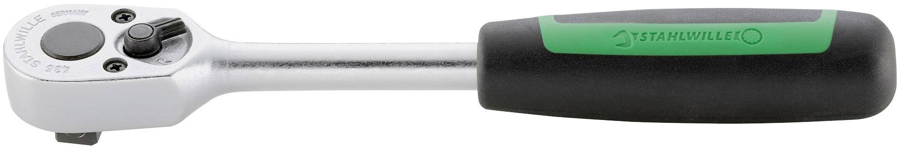 En silver spärrskaft med ett svart och grönt handtag, lämplig för att dra åt eller lossa skruvar och muttrar.