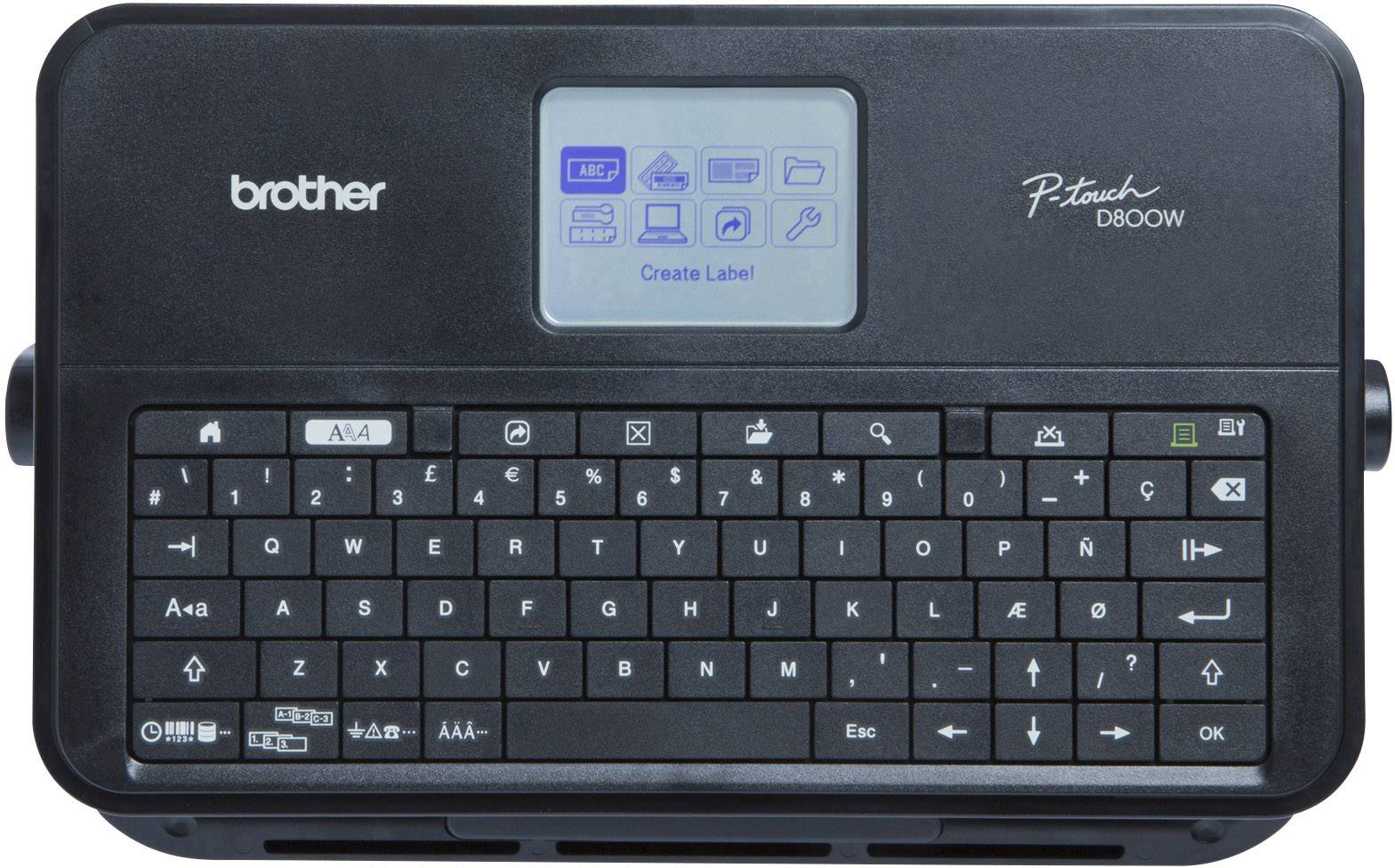 Bärbar etikettskrivare 'Brother P-touch D800W': Elektronisk märkningsapparat med tangentbord och display, lämplig för att skapa etiketter.