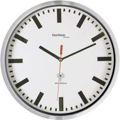 Analog väggklocka med vitt urtavla och svarta markeringar. Röd sekundvisare, svarta minut- och timvisare, visar 10:09:45.