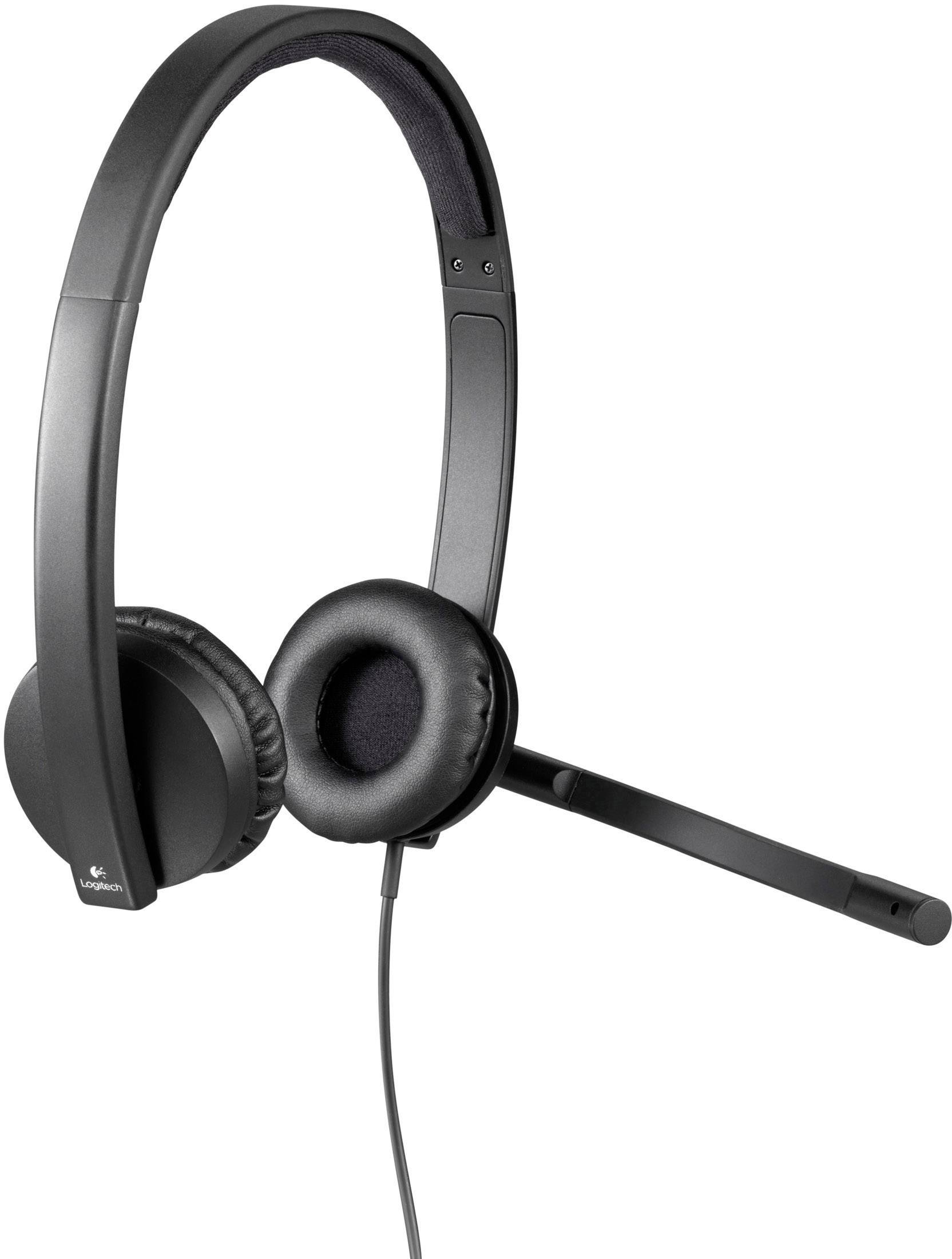 Svart headset med justerbar mikrofon och stoppade öronkåpor. Designat för ljudsamtal och videokonferenser.