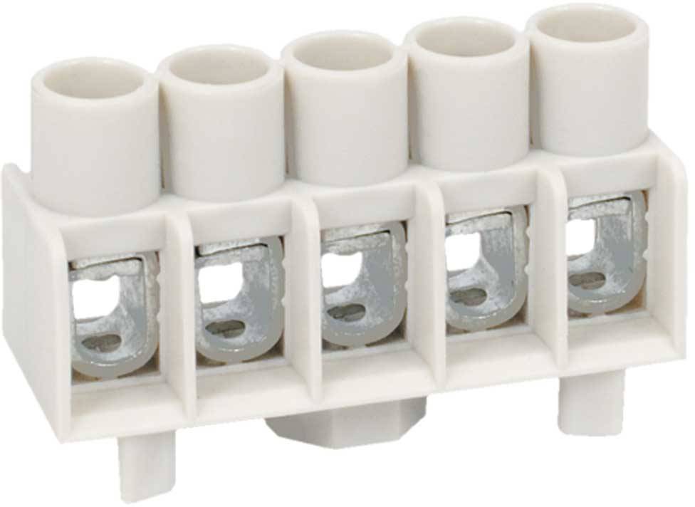 Fempolig elektrisk kopplingslista av plast och metall, använd för säker anslutning av trådar i elektriska kretsar.