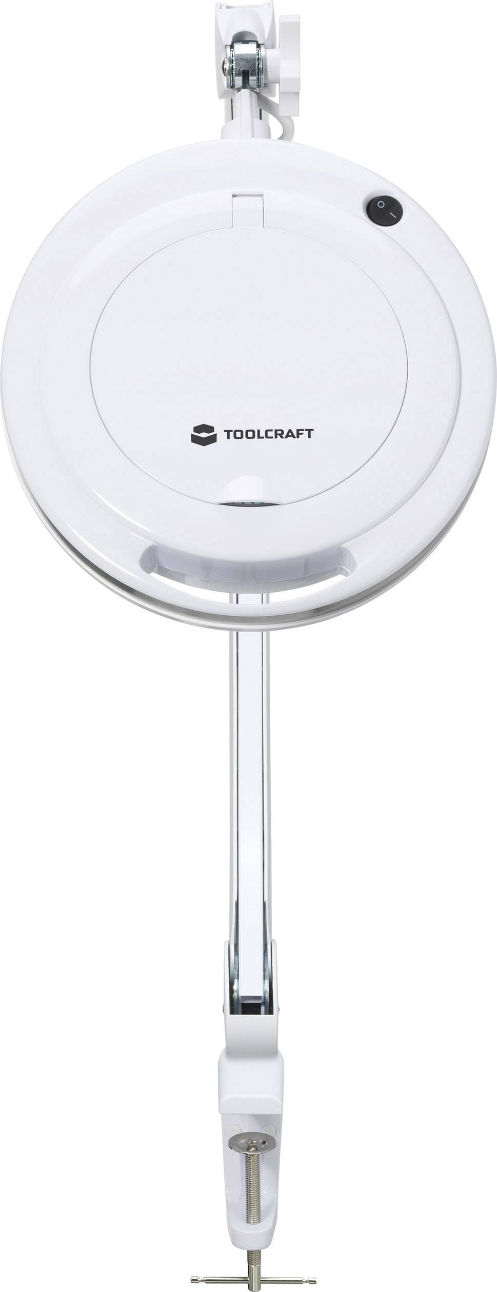 Rundad vit kabelrulle med fäste och synligt 'TOOLCRAFT'-logo. Perfekt för att organisera kablar i verkstäder.