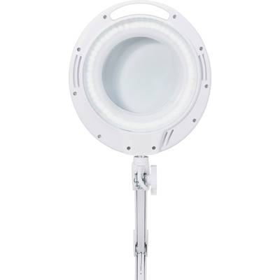 En vit luplampa med rund form och LED-belysning, monterad på en justerbar arm, lämplig för precisionsarbeten.