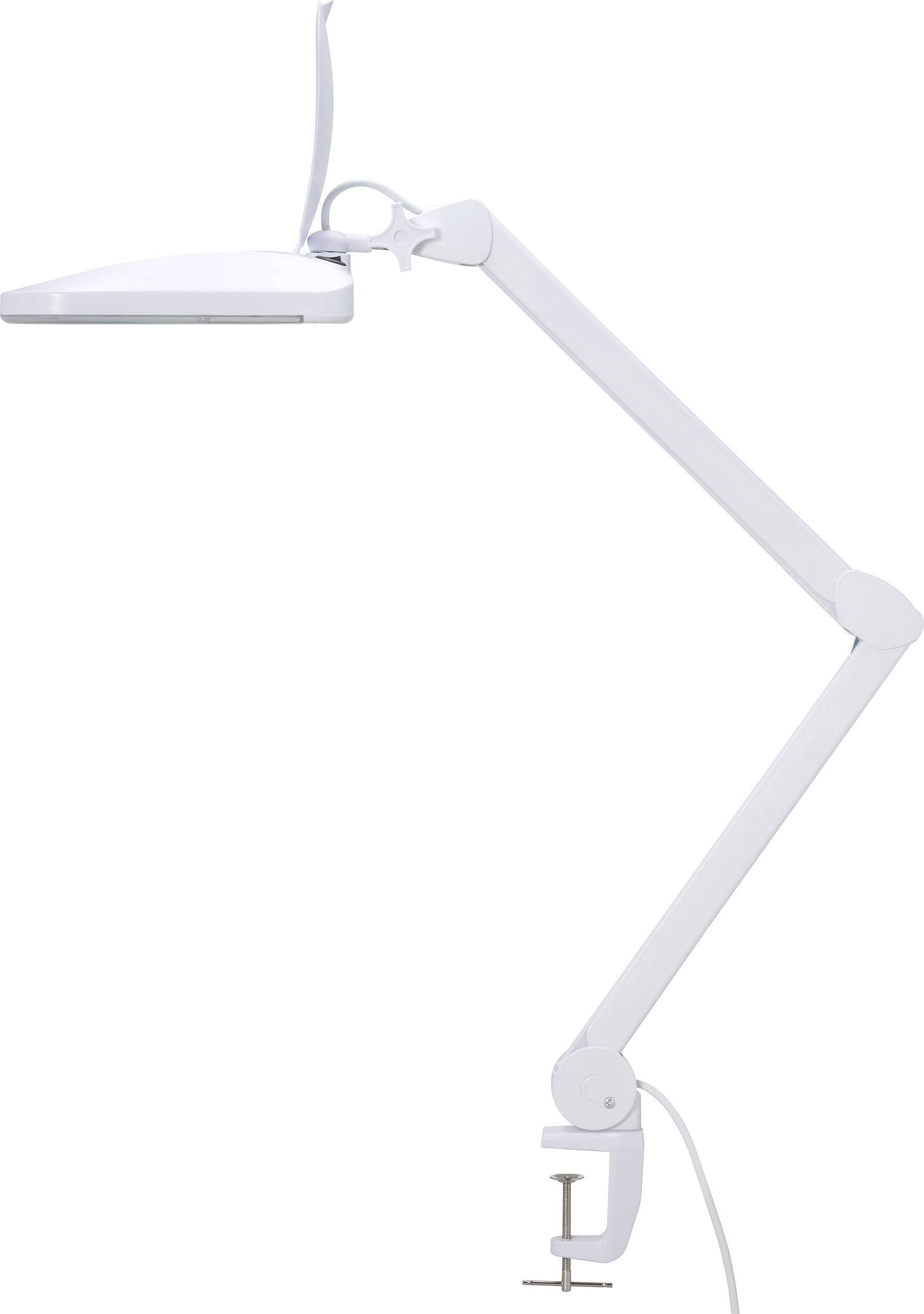 Vit skrivbordslampa med ledbar arm och klämfäste. Minimalistisk design för användning på kontor eller arbetsplatser.