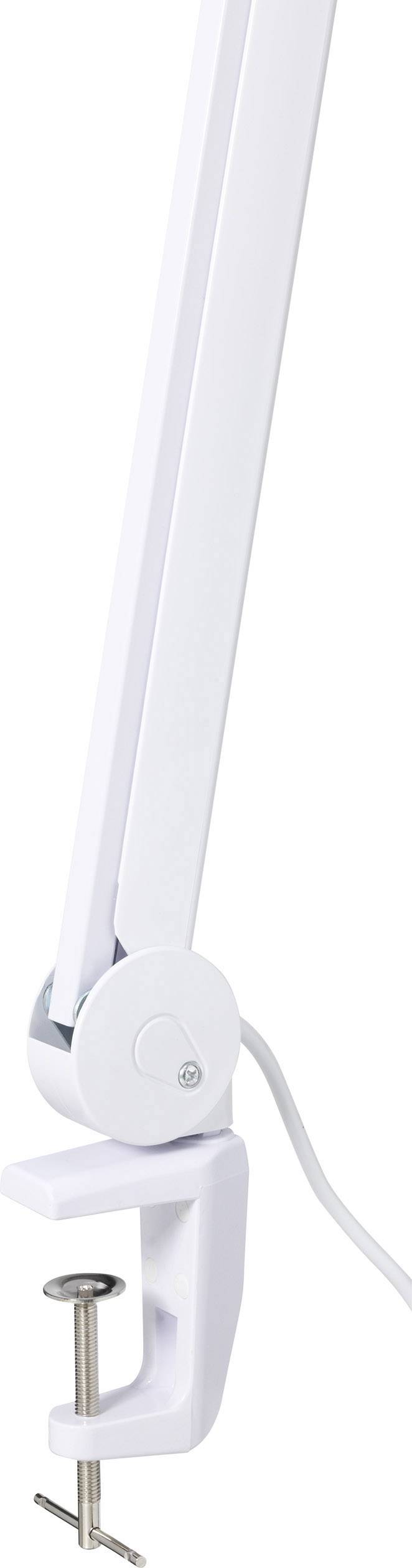 Vit skrivbordslampa med justerbar arm och skruvklämma för montering vid bordskanten.