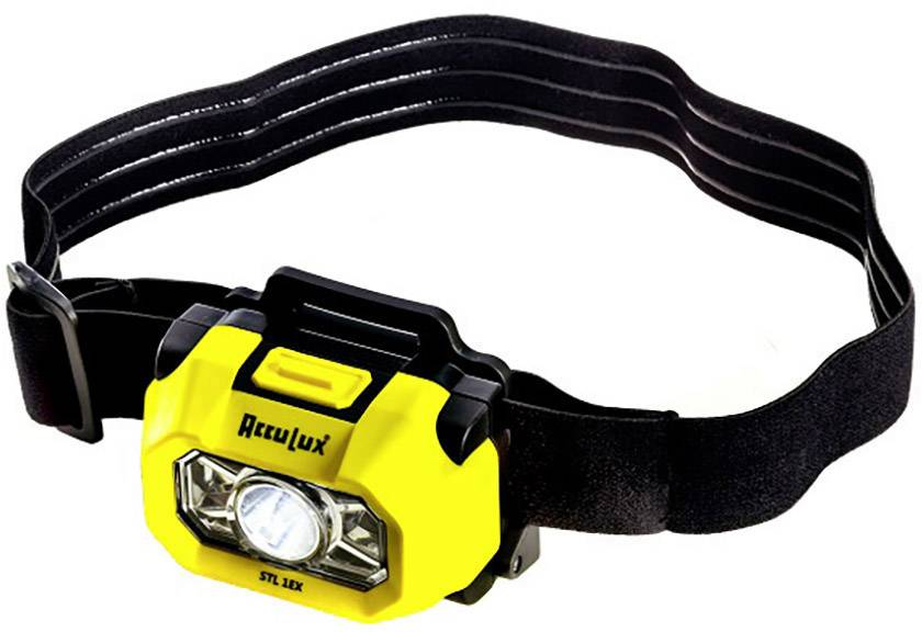 Gul pannlampa med svart elastiskt band och silverfärgat lysande huvud. Märkt med 'AccuLux' och modellnummer 'STL 1.2K'.