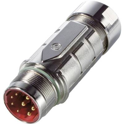 En silverfärgad, metallisk rundkontakt med flera guldfärgade stift på ena änden och ett robust, cylindriskt hölje.