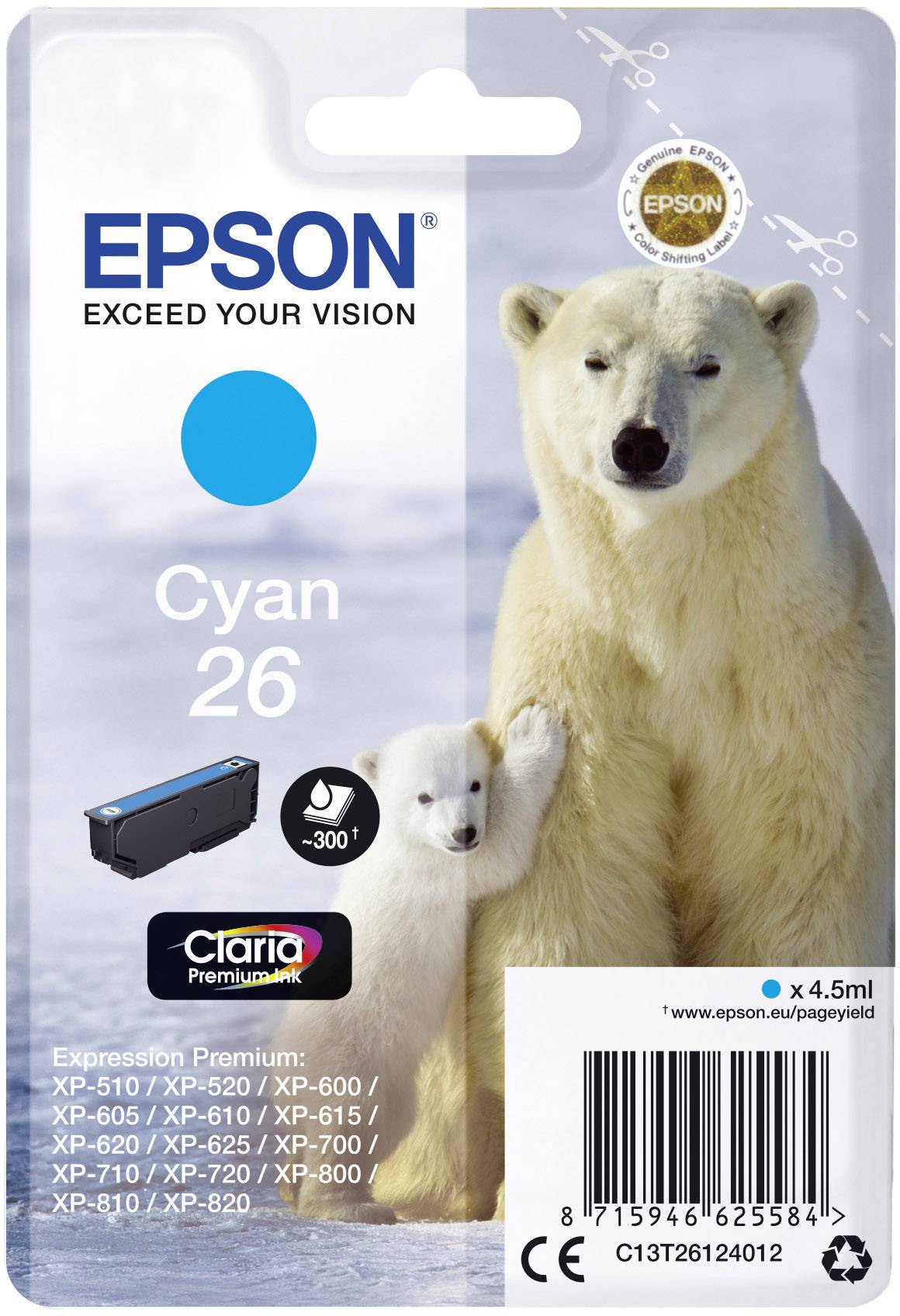 Isbjörn med unge framför snöig bakgrund. Förpackning för Epson bläckpatron Cyan 26, kompatibel med flera XP-skrivarmodeller.