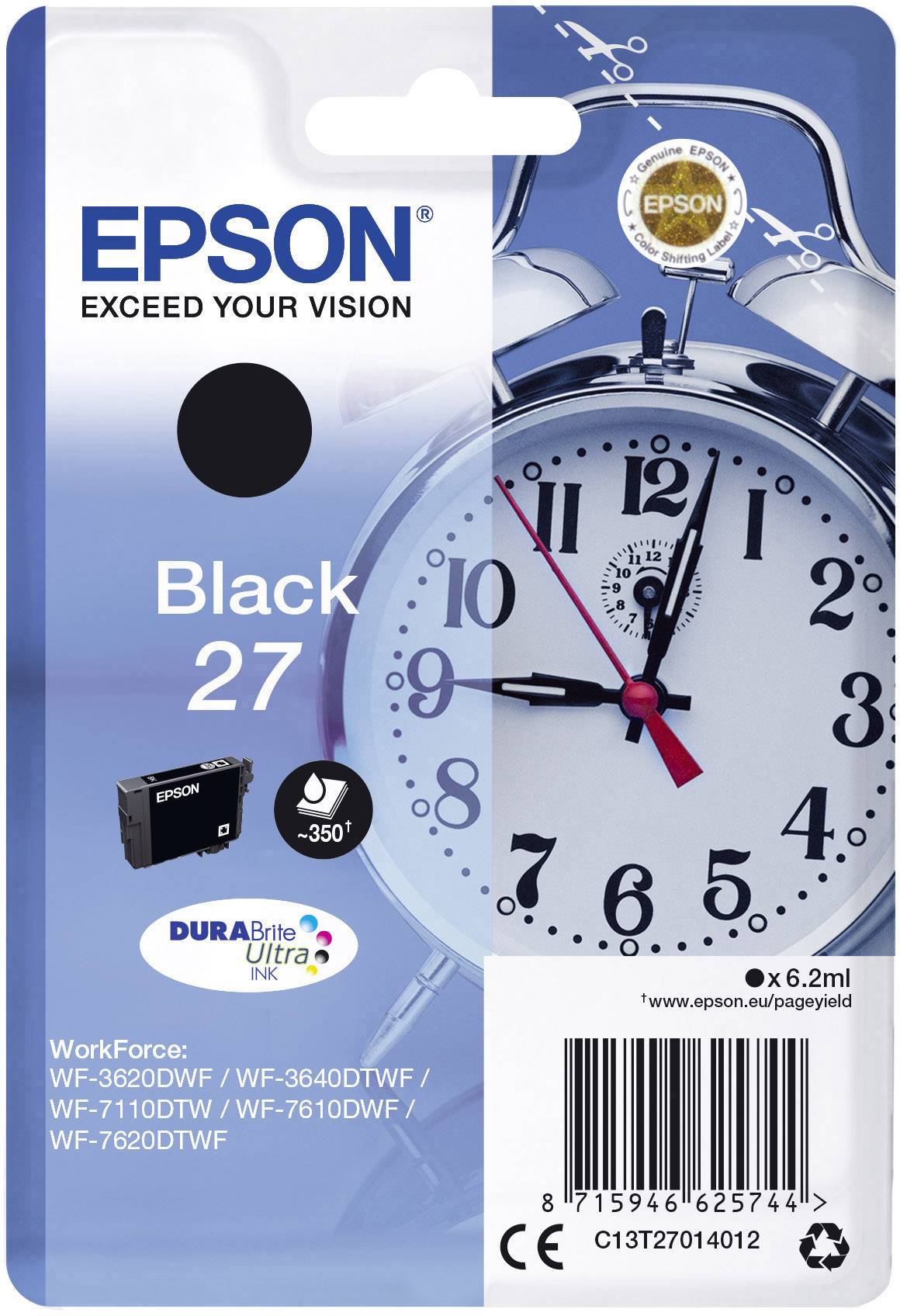 Epson bläckpatron Svart 27, kompatibel med WorkForce-skrivare WF-3620DWF, WF-7610DWF. Innehåller 6,2 ml bläck för ca 350 sidor.