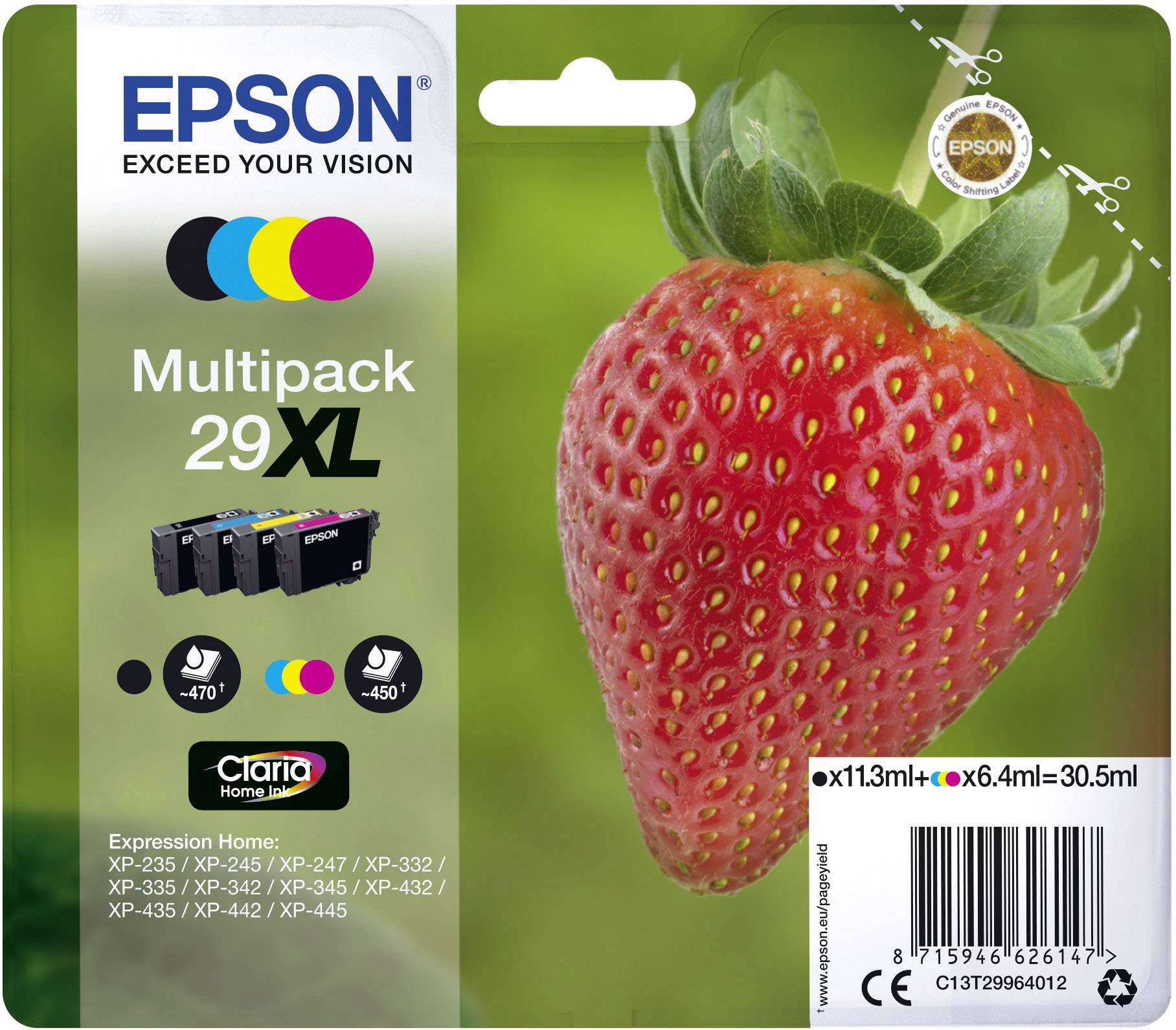 En ask med Epson Multipack 29XL bläckpatroner framför en jordgubbsbakgrund. Lämplig för olika Epson-skrivarmodeller.