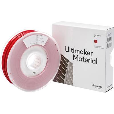 Röd rulle med 3D-utskriftsmaterial från Ultimaker bredvid vit låda märkt 'Ultimaker Material'.