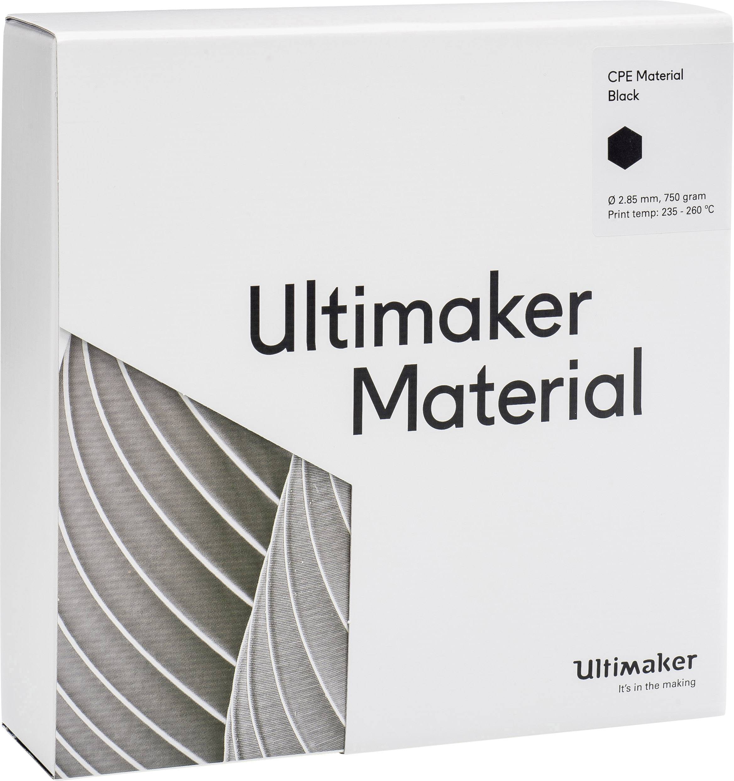 Förpackning för 3D-skrivare-filament från varumärket Ultimaker, Material: CPE svart, 2,85 mm diameter, Vikt: 750 g, Utskriftstemperatur: 235-260 °C.