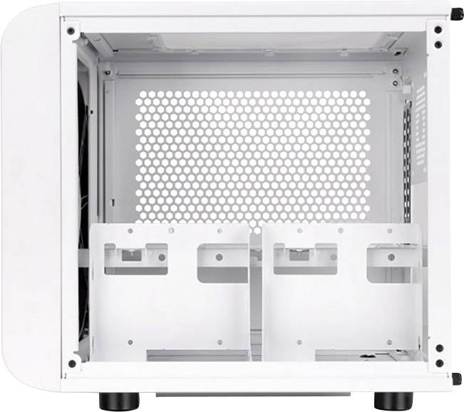 Vitt datorhölje, interiör; visar två interna hårddiskhållare och ventilationsgaller baktill.